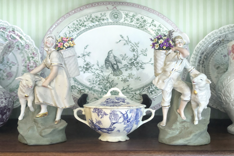 Antique English Transferware Blue & White Dual Handle Covered Sugar Bowl w/ Stylized Pheasants & Peony & Plum Blossoms