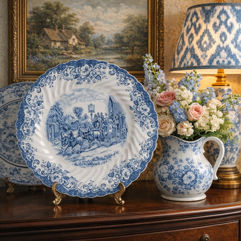 Blue & White China English Transferware Plate Horses Stream Stagecoach English Village