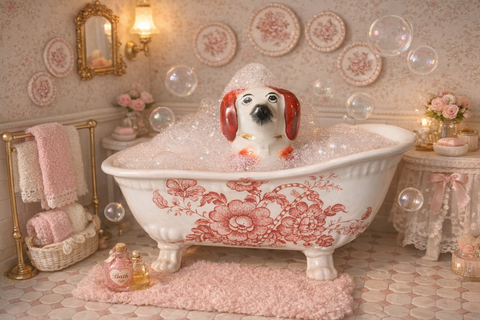 Red Toile Transferware Ironstone Claw Foot Bath Tub Soap Dish Charlotte England