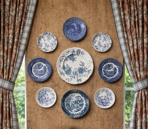 Instant Platewall Display - Collection - Blue & White English Transferware Plates Pastoral & Florals 9 Mix n Match