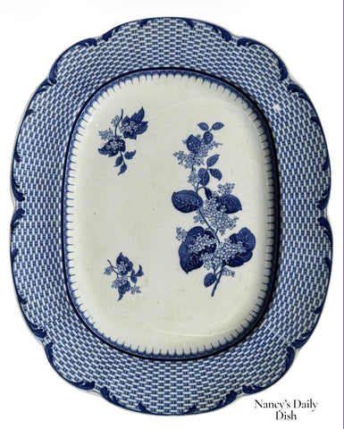 Blue & White Transferware Platter Lilac Flowers in Basketweave Border Brown Westhead & Moore