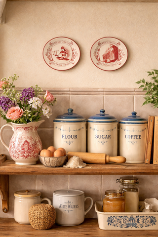 Vintage Pair of French Faience Butter & Cream Making Red Transferware Plates
