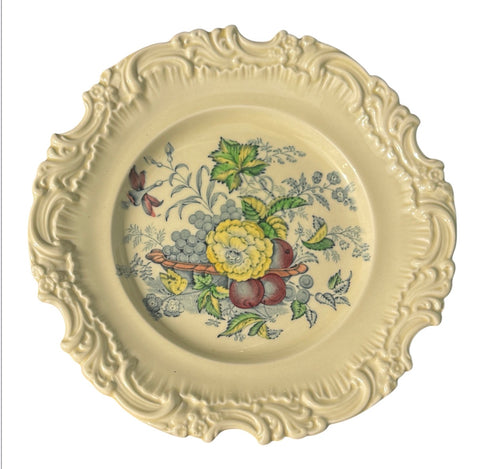 Heavily Scalloped Vintage Blue Transferware Polychrome Plate Royal Doulton Basket of Flowers