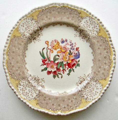 8" Vintage Brown & Red Bi Color Transferware English Polychrome Plate Royal Doulton Tulips Roses Flowers
