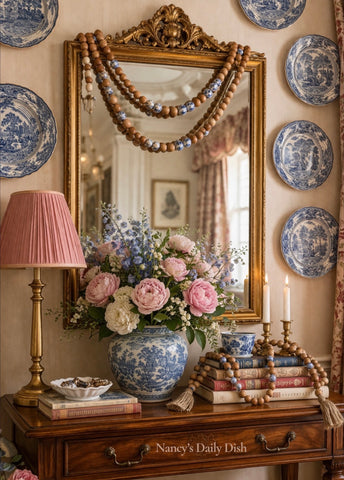 6’ Wood and Blue & White Porcelain Beaded Garland with Jute Tassels