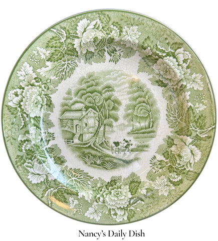 HTF Green Transferware Plate Boy and Pony Farm English Scenery w/ Peony Border