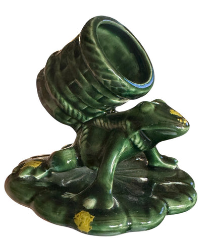 Vintage Majolica Frog on Lily Pad w/ Wicker Matches / Toothpick Holder