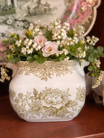 Olive / Sage Green Transferware Small Vase  Bird Butterfl