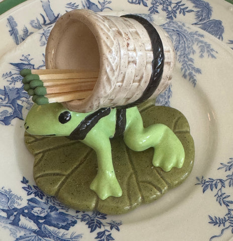 Vintage Majolica Frog on Lily Pad w/ Wicker Matches / Toothpick Holder
