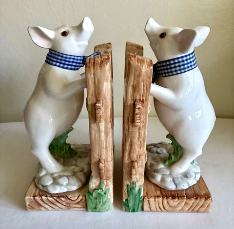 Vintage Country French Pig Figurine Bookends w/ Gingham Bows Cottage Kitchen Decor