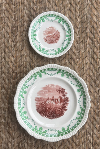 Antique Bi Color Transferware Plate Green & Brown Copeland Spode Garlands Seaside Views