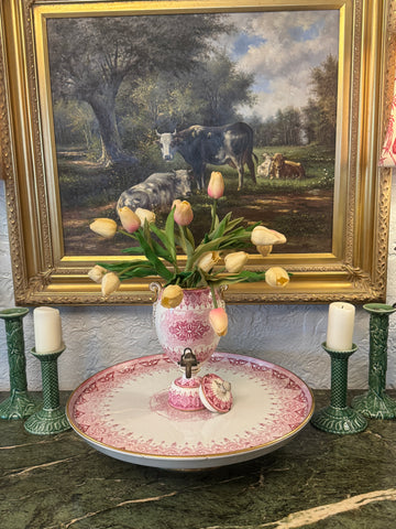 HUGE Antique Copeland Pink / Red Transferware Samovar & Pedestal Centerpiece Serving Platter