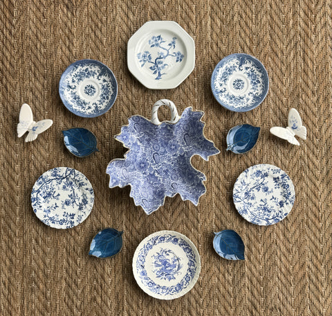 12 Piece Instant Collection Platewall Blue Transferware &  Majolica Leaf Plates Butterfly 🦋 & Leaf 🍃 Butter Pats