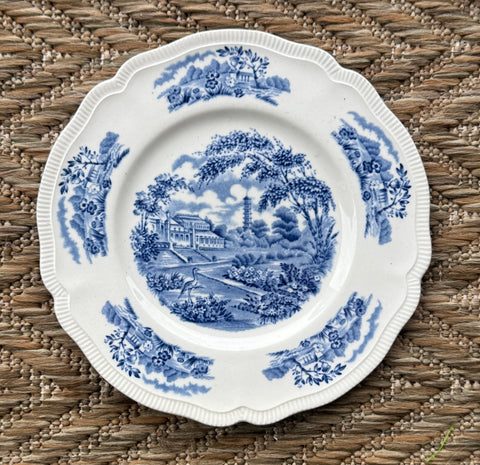 Vintage Blue Toile Transferware Scalloped Plate English Garden Scenes Cottage