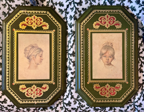 Pair of Vintage Italian Wooden Florentine Young Girl  Portraits
