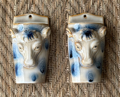 Pair of Blue and White Bull / Cow Head Wall Pocket Planter Vases