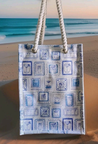 NWT Blue & White Heavy Duty Tommy Bahama Canvas 4 Compartment Wine Bottle Tote w/ Thick Rope Handles