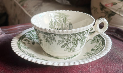 Rare Antique Copeland Spode Ruins Green Transferware Teacup & Saucer Acorn & Oak Leaf Border