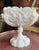Set of 2 VINTAGE PORTIEUX VALLERYSTHAL FRANCE WHITE MILK GLASS SCROLLED SQUARE COMPOTE & FOOTED BOWL