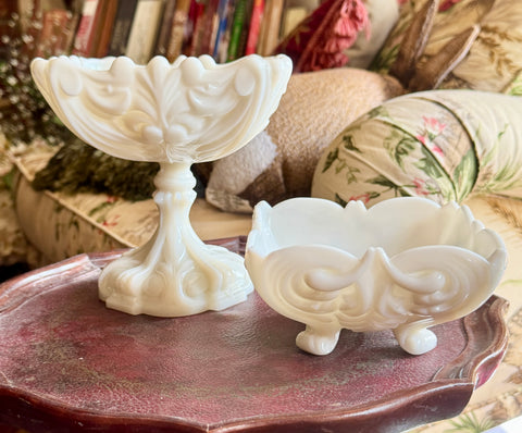 Set of 2 VINTAGE PORTIEUX VALLERYSTHAL FRANCE WHITE MILK GLASS SCROLLED SQUARE COMPOTE & FOOTED BOWL