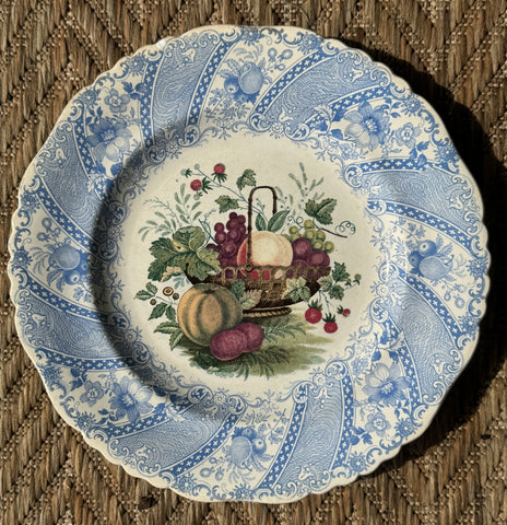 STUNNING & VERY RARE William Smith & Co ' WEDGeWOOD ' Fruit Basket Faux Bois Light Blue Polychrome Transferware Plate