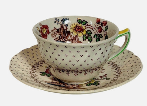 Vintage English Brown  Transferware Teacup & Saucer Colorful Flowers Royal Doulton