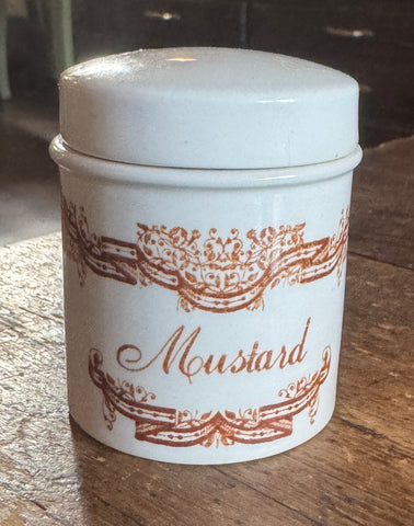Vintage English Brown and White Transferware Canister Advertising Mustard Pot