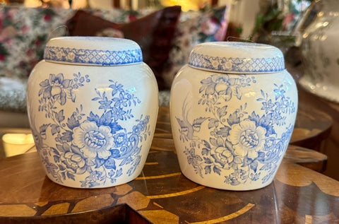 Pair of Light Blue & White Floral Pheasants English Ginger Jars Vintage Transferware
