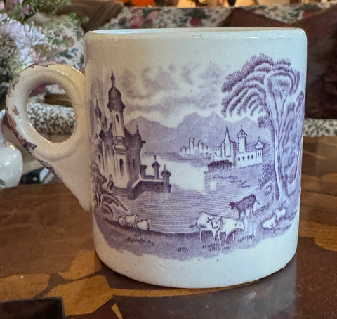 Vtg Purple Transferware Coffee or Cocoa Cup Mug Cattle Sheep Castle Blue White