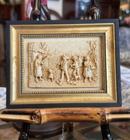 Vintage Production Floralix French Bas-Relief Plaque – 4" x 6" Framed Market Scene