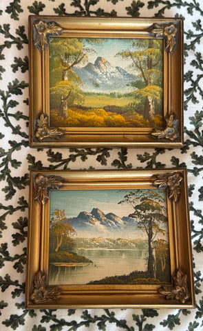 Pair of Vintage Original Oil Paintings Framed Mountain Lake Landscape Gilt Wood Frame