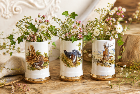 Set of 3 Vintage Bavarian Bud Vases / Shot Glasses Rabbit - Deer / Stag - Ruffed Grouse