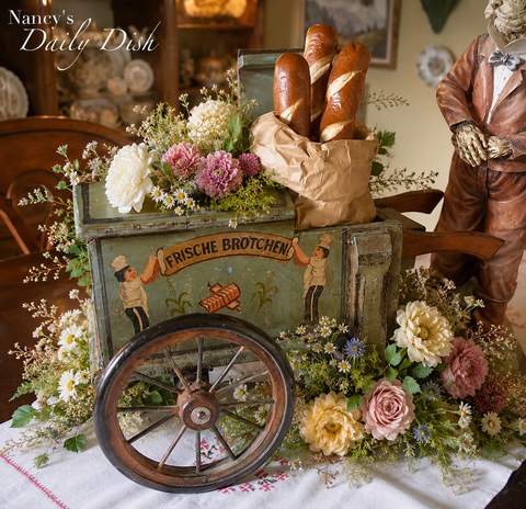 1930’s German Hand Painted Frische Brotchen Fresh Bread Tabletop Trolley Bread Box