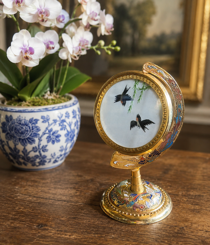 Vintage Chinoiserie Embroidered Silk Birds on Cloisonné Brass Stand