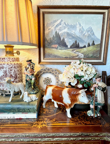 Lg Vintage Country French / English Brown & White Spotted Bull / Cow Figurine