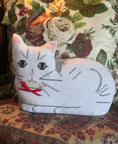 Vintage / Antique Figural Shaped Needlepoint  🐈 Cat Pillow / Doorstop