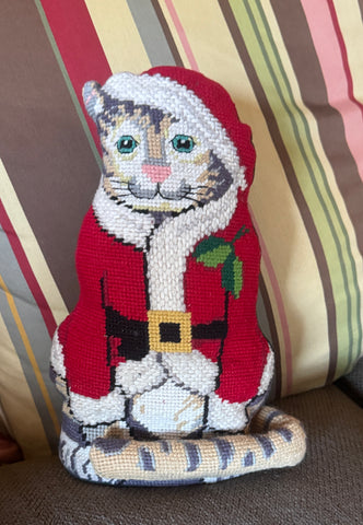 Vintage / Antique Figural Shaped Needlepoint Tabby 🐈 Cat Christmas Pillow / Doorstop