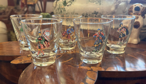 Set of 5 Vintage Scottish Highlander Clan Tartan Kilt Rocks or Lg Shot Glasses /