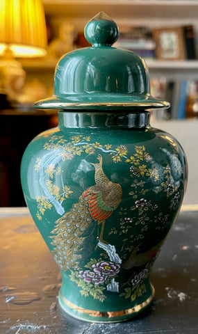 Vintage Japanese Green  Floral & 🦚 Peacock Chinoiserie Ginger Jar