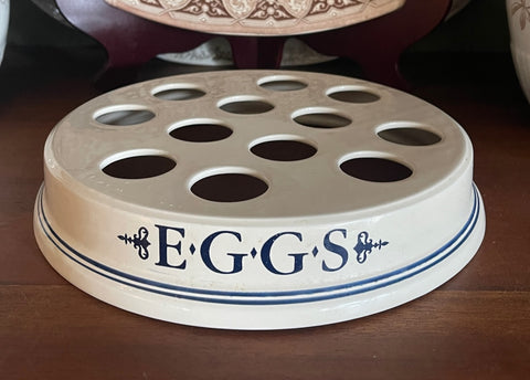 Antique / Vintage English Blue & White Transfer FRESH EGGS Slab / Dairy Egg Holder