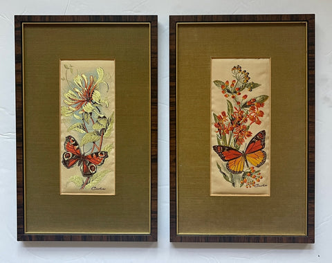 Vintage Pair of Woven Silk Butterflies & Wild Flowers Matted in Wood Gold Frame Made in England
