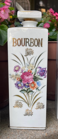 Vintage Antique Hand Painted BOURBON Decanter Liquor Bottle Hand Painted Flowers