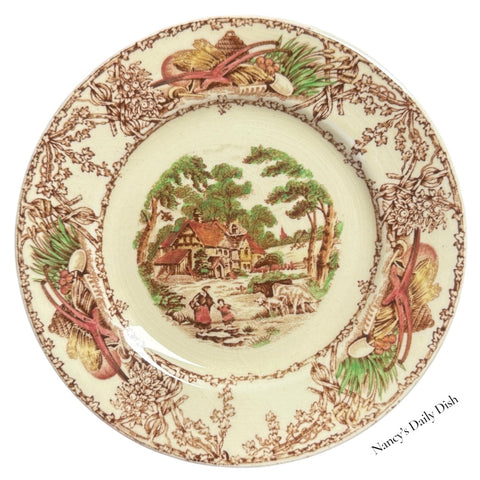 RARE Grazing Cattle Mother Daughter Cottage Scene Brown Polychrome Transferware Plate Pastoral Davenport AJ Wilkinson