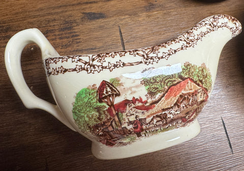 Brown Transferware Gravy Boat Pitcher Rural Scenes Farm Horses A J Wilkinson