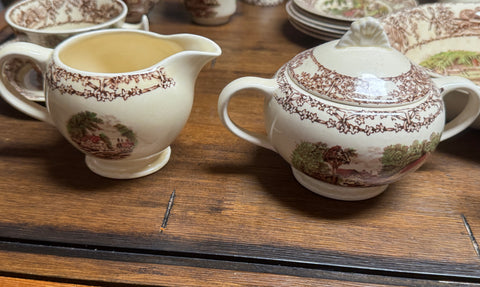 Rare Rural Scenes Poly Brown Transferware Sugar Bowl & Creamer
