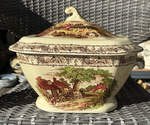 Clarice Cliff Signed Royal Staffordshire Brown Polychrome Transferware large Soup Tureen Rural Scenes