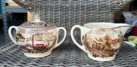 Historic America Brown English Transferware SUgar Bowl & Creamer Acorns Oak Leaves