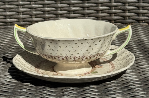 Vintage English Brown  Transferware Handled Cream Soup & Saucer Colorful Flowers Royal Doulton