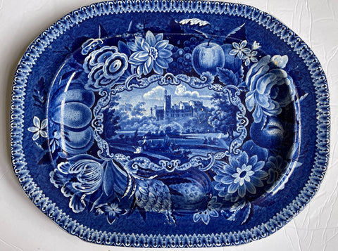 17" Ralph Hall 1822-41 Select Views Gyrn Castle  Cobalt Blue Transferware Platter Fruit Flower Roses