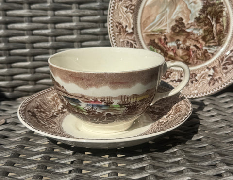 Historic America San Francisco Gold Rush Teacup & Saucer Poly Brown English Transferware Acorns Oak Leaves